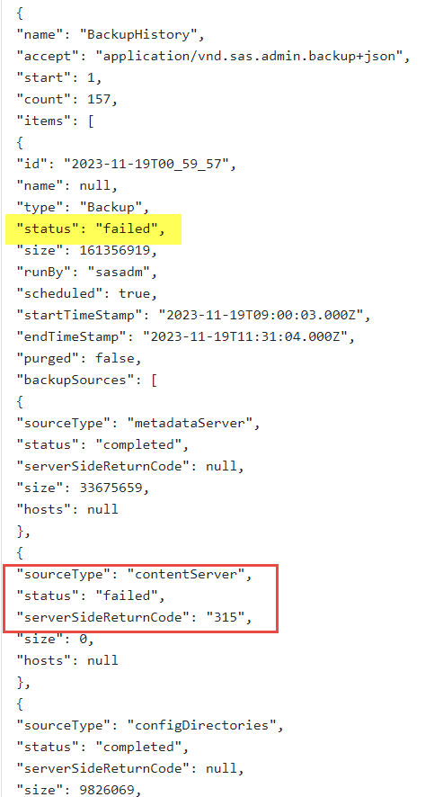 sas-list-backups.json file showing backup status